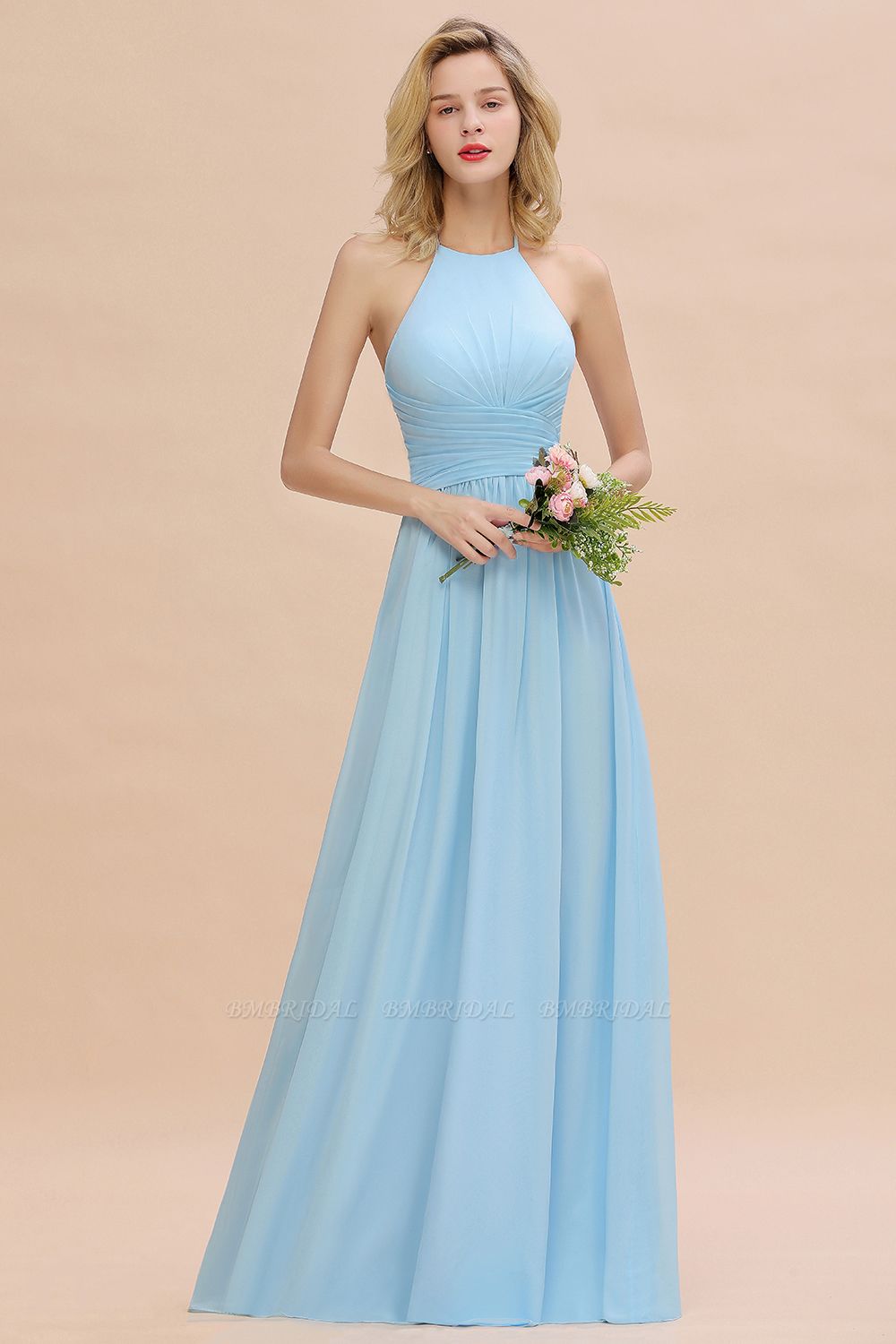 BMbridal Glamorous Halter Backless Long Affordable Bridesmaid Dresses with Ruffle