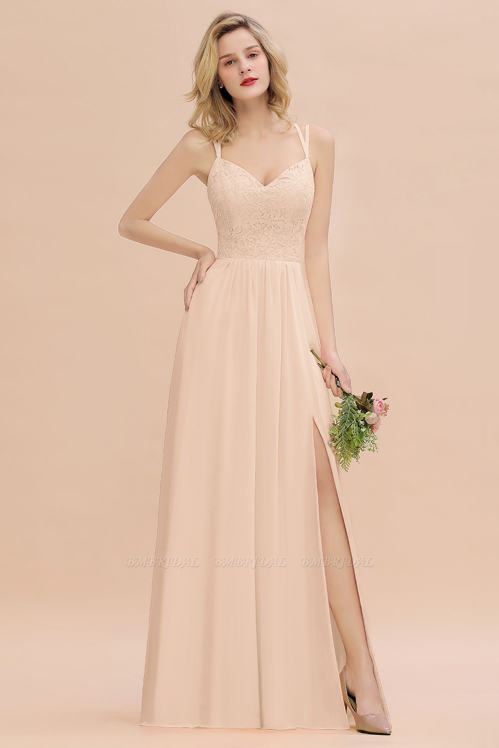 BMbridal Sexy Spaghetti-Straps Coral Lace Bridesmaid Dresses with Slit