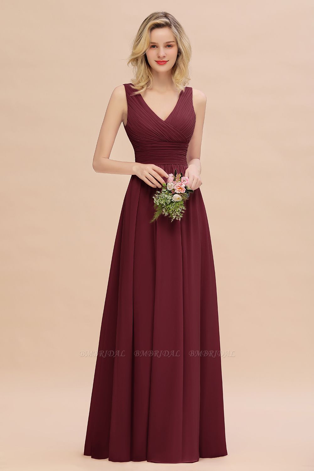 BMbridal Elegant V-Neck Dusty Rose Chiffon Bridesmaid Dress with Ruffle