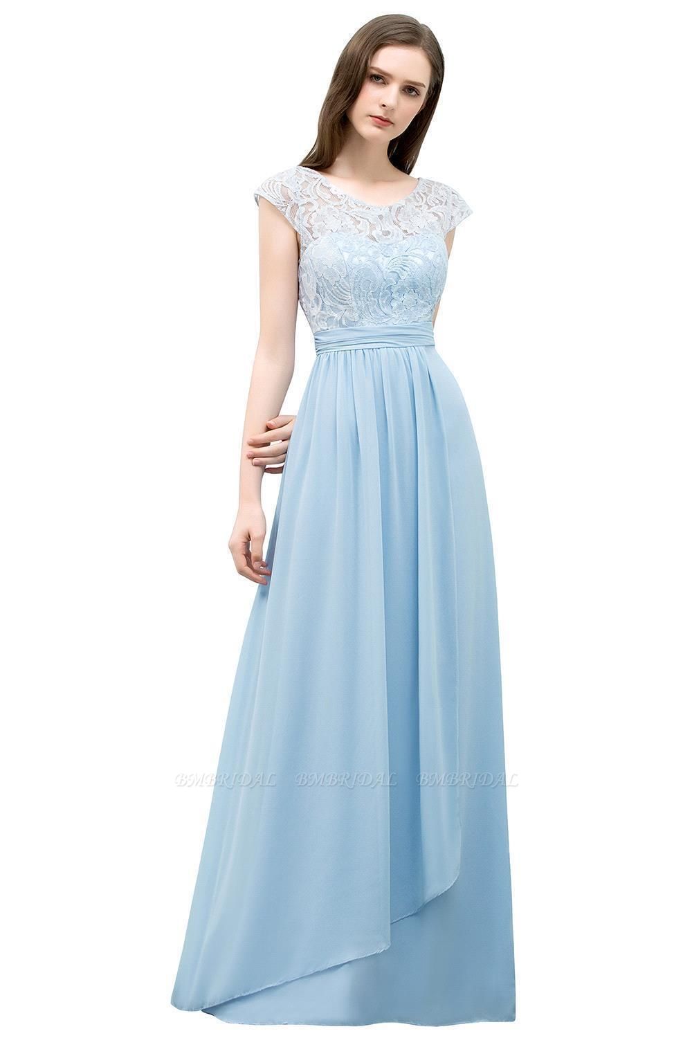 BMbridal A-line Long Cap Sleeves Lace Top Chiffon Bridesmaid Dress