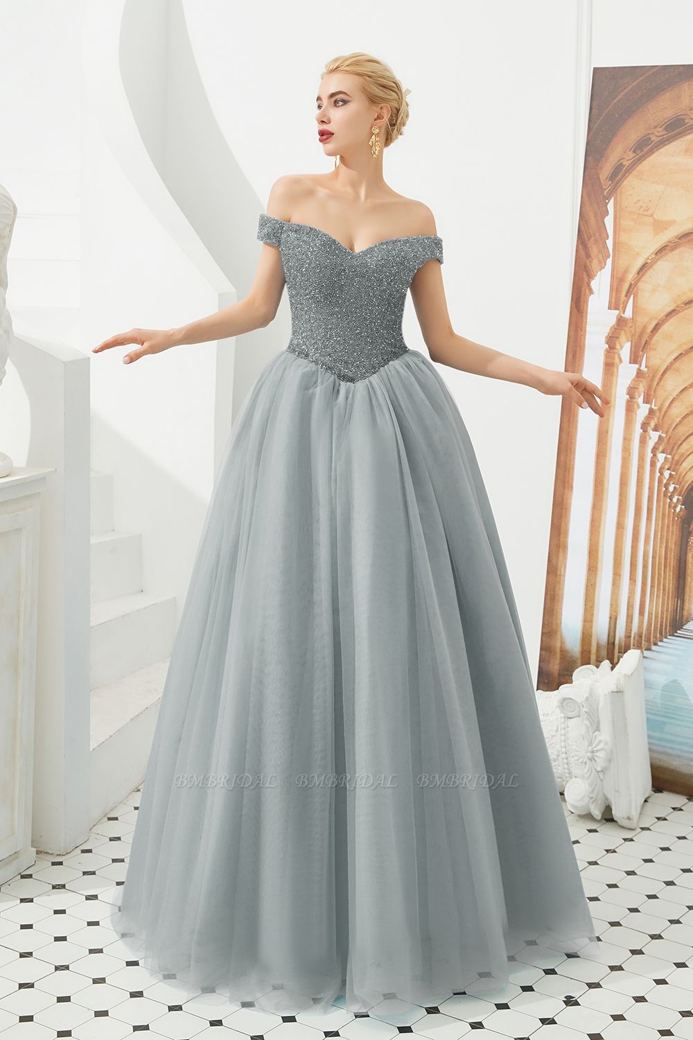 BMbridal Princess Off-the-Shoulder-Abschlussballkleid mit Perlenstickereien, Schatz, Ballkleid, Abendkleidern