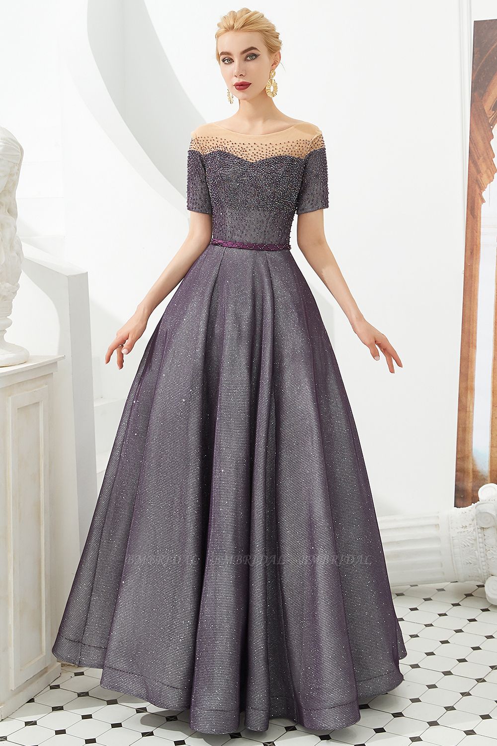 BMbridal Off-the-Shoulder Short Sleeve Beadings Prom Dress Long Lace-up Abendkleider