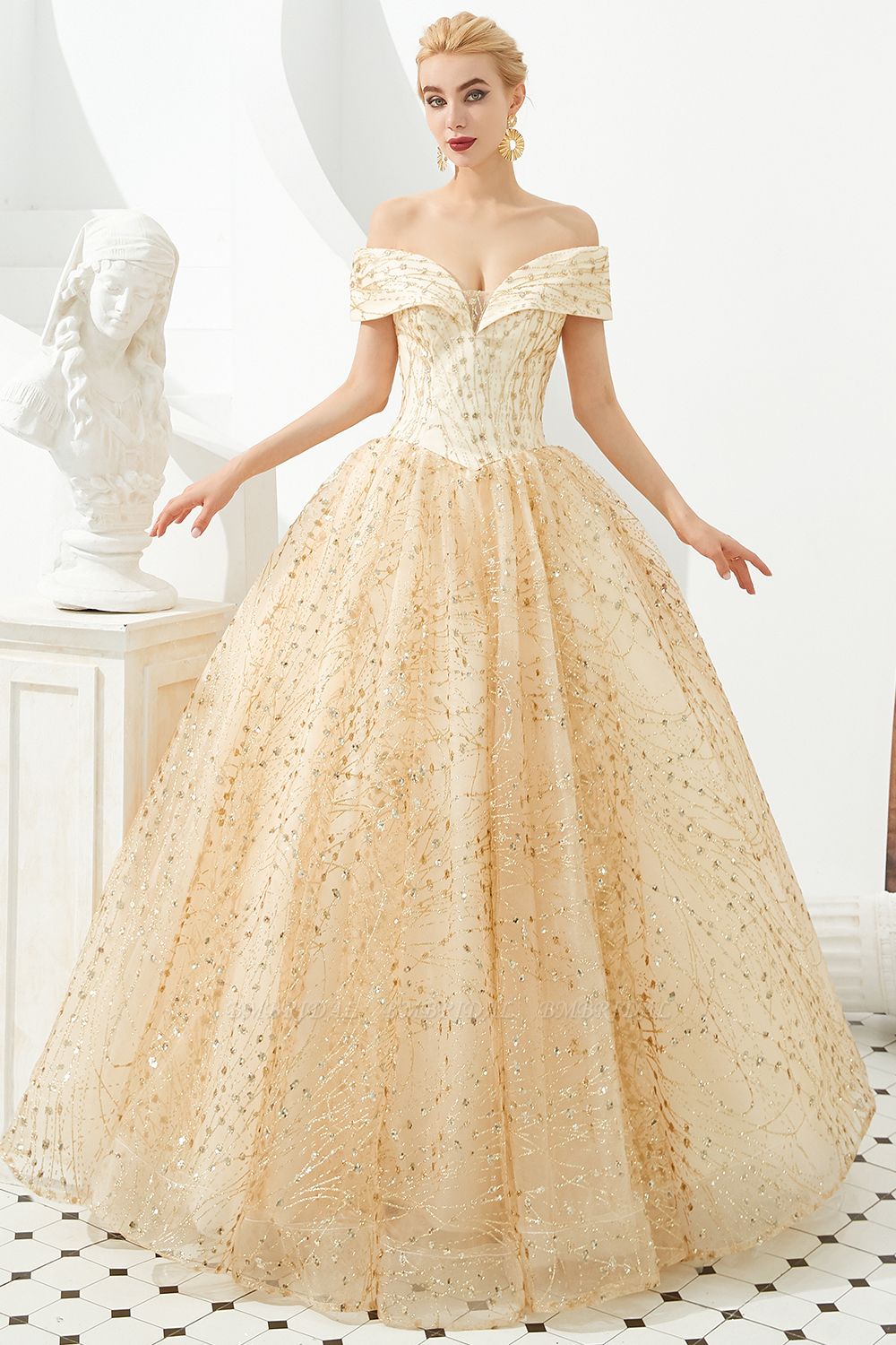 BMbridal Gold Off-the-Shoulder Sequins Prom Dress Ball With Lace-up Online