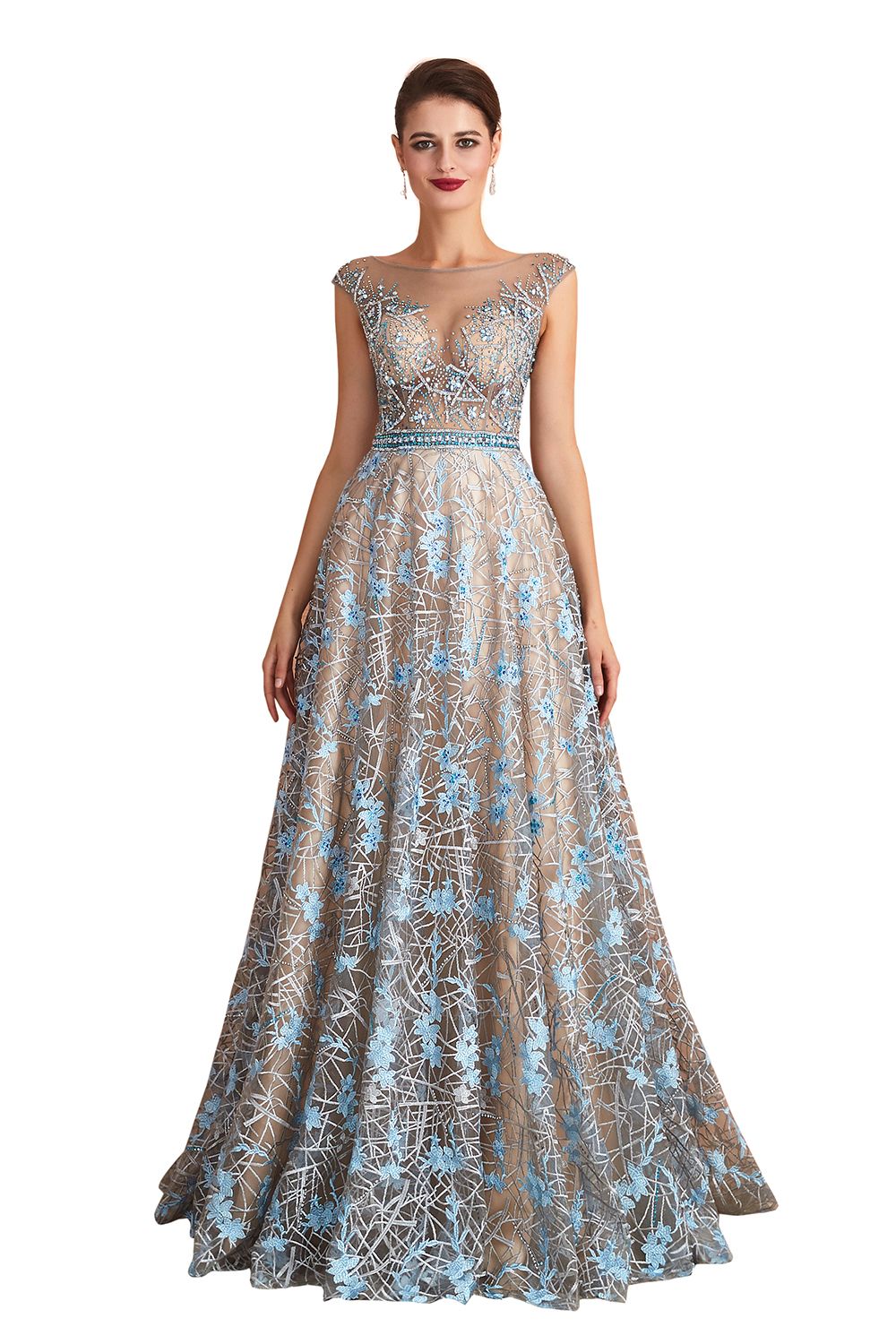 BMbridal Designer Cap Sleeves Crystal Long Prom Dress With Blue Appliques On Sale