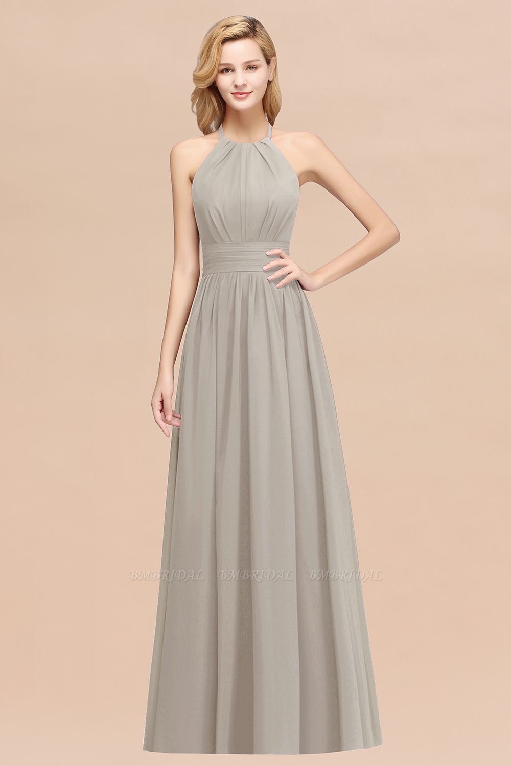 BMbridal Elegant High-Neck Halter Long Affordable Bridesmaid Dresses with Ruffles