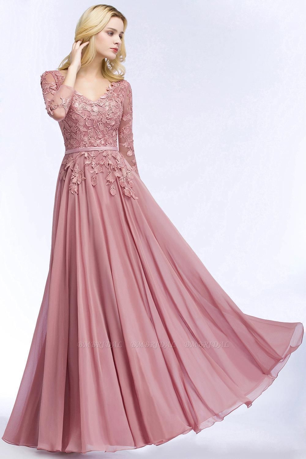 BMbridal Elegant Chiffon Lace Dusty Rose Evening Dress