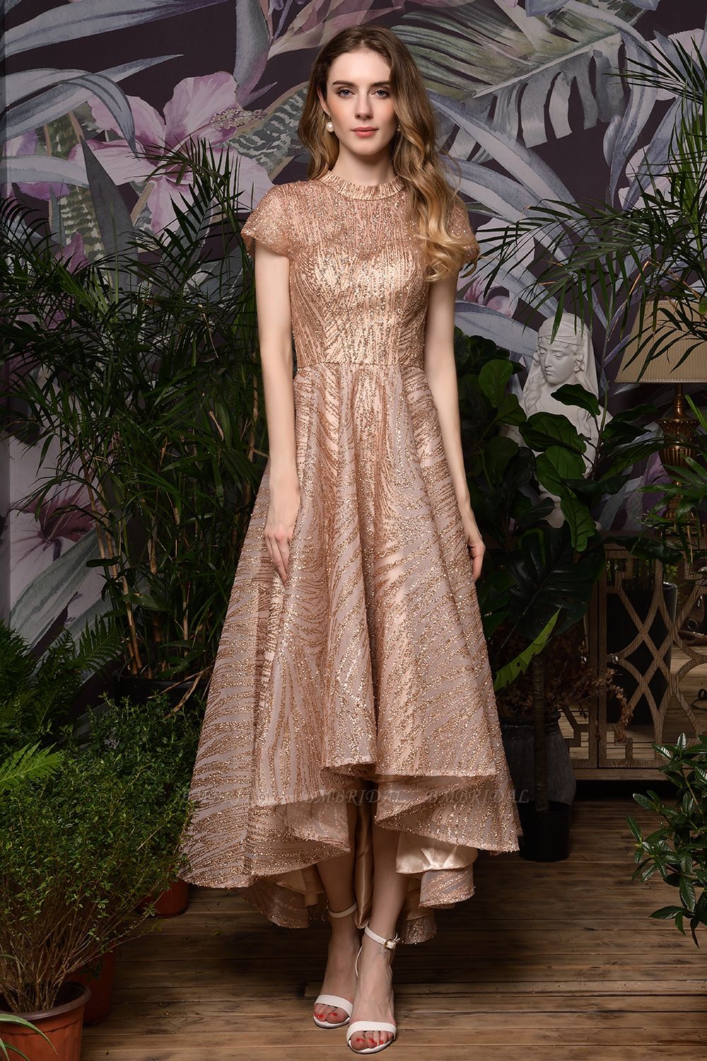 BMbridal Glamorous Rose Gold Pailletten Ballkleid Kurzarm Abendkleider Online