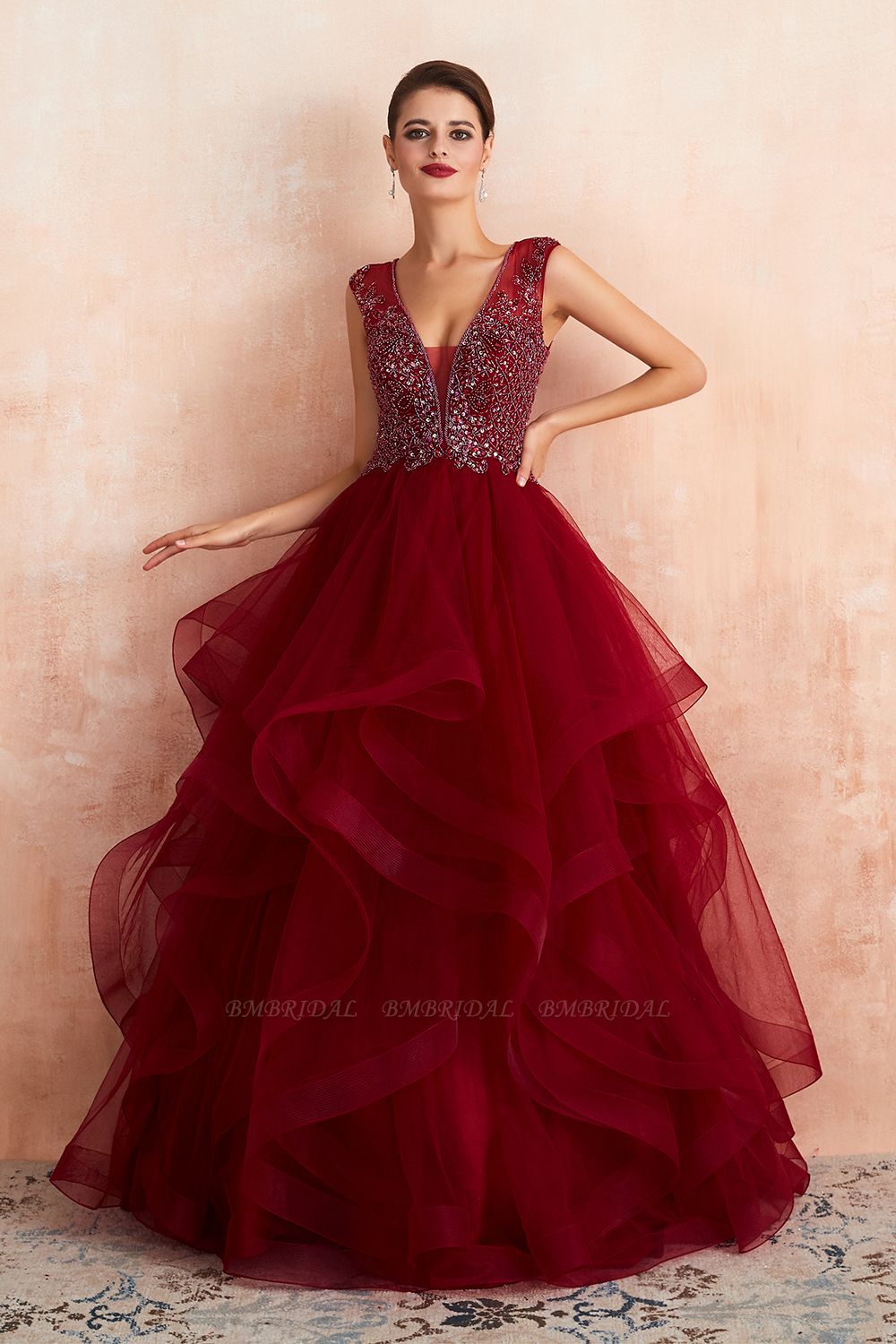 BMbridal Luxurious Bugrundy Tulle Prom Dress Long Ruffles With Appliques Evening Gowns