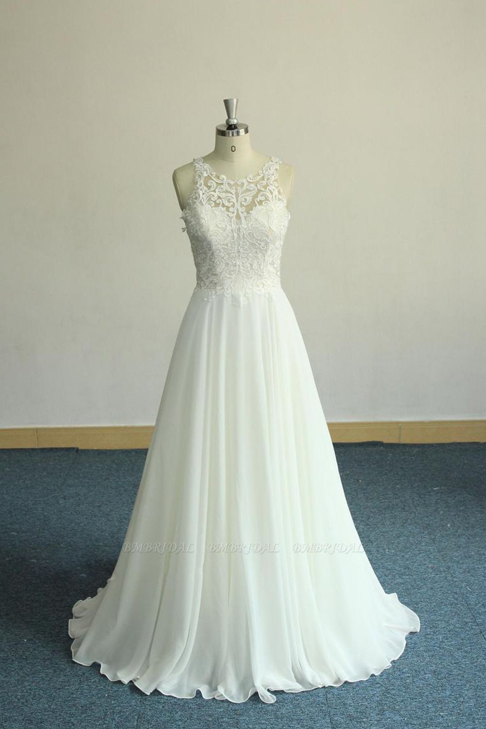 BMbridal Unique White Jewel Sleeveless Wedding Dress Appliques Chiffon Bridal Gowns On Sale