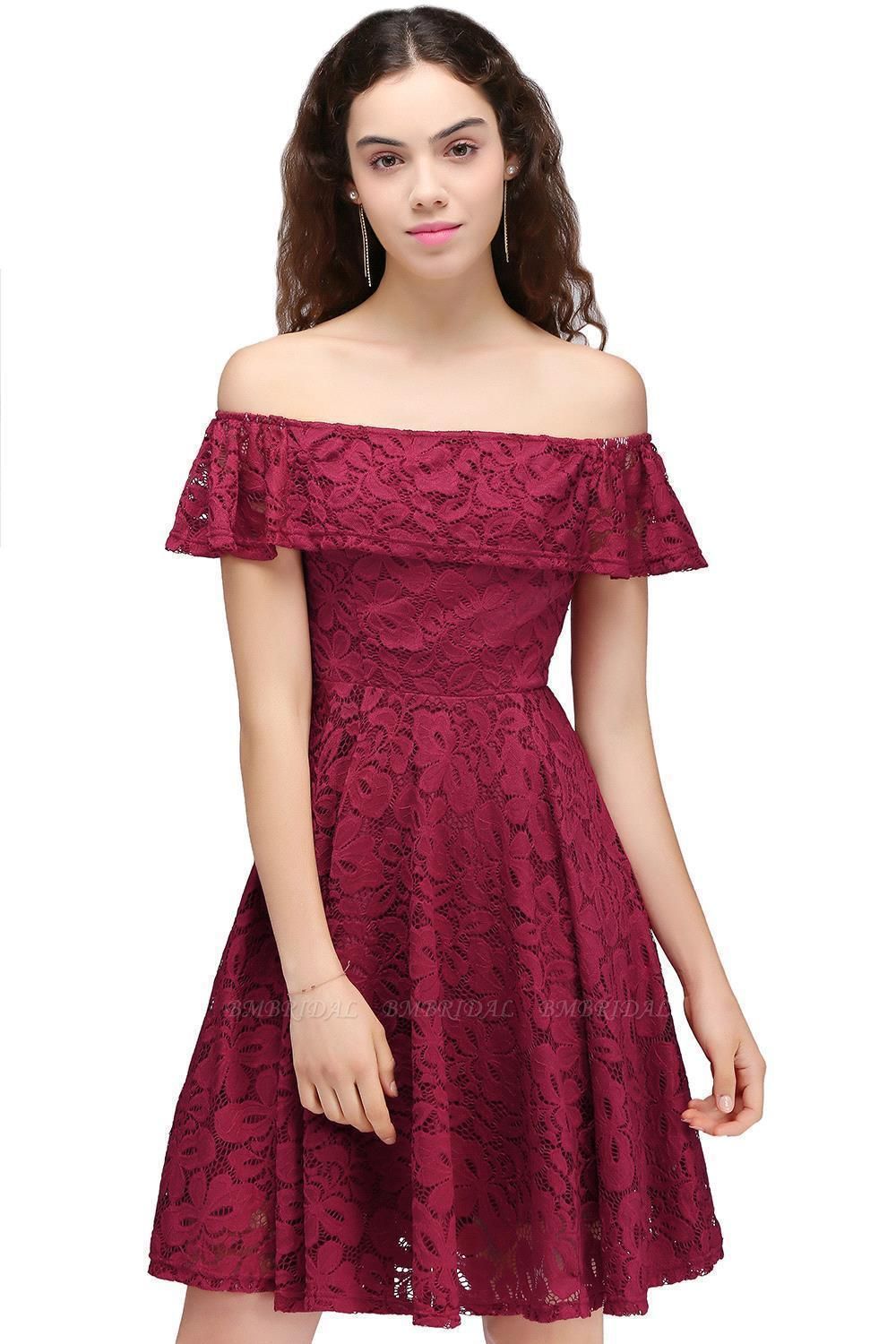 BMbridal A-Line Off-the-shoulder Lace Burgundy Homecoming Dress