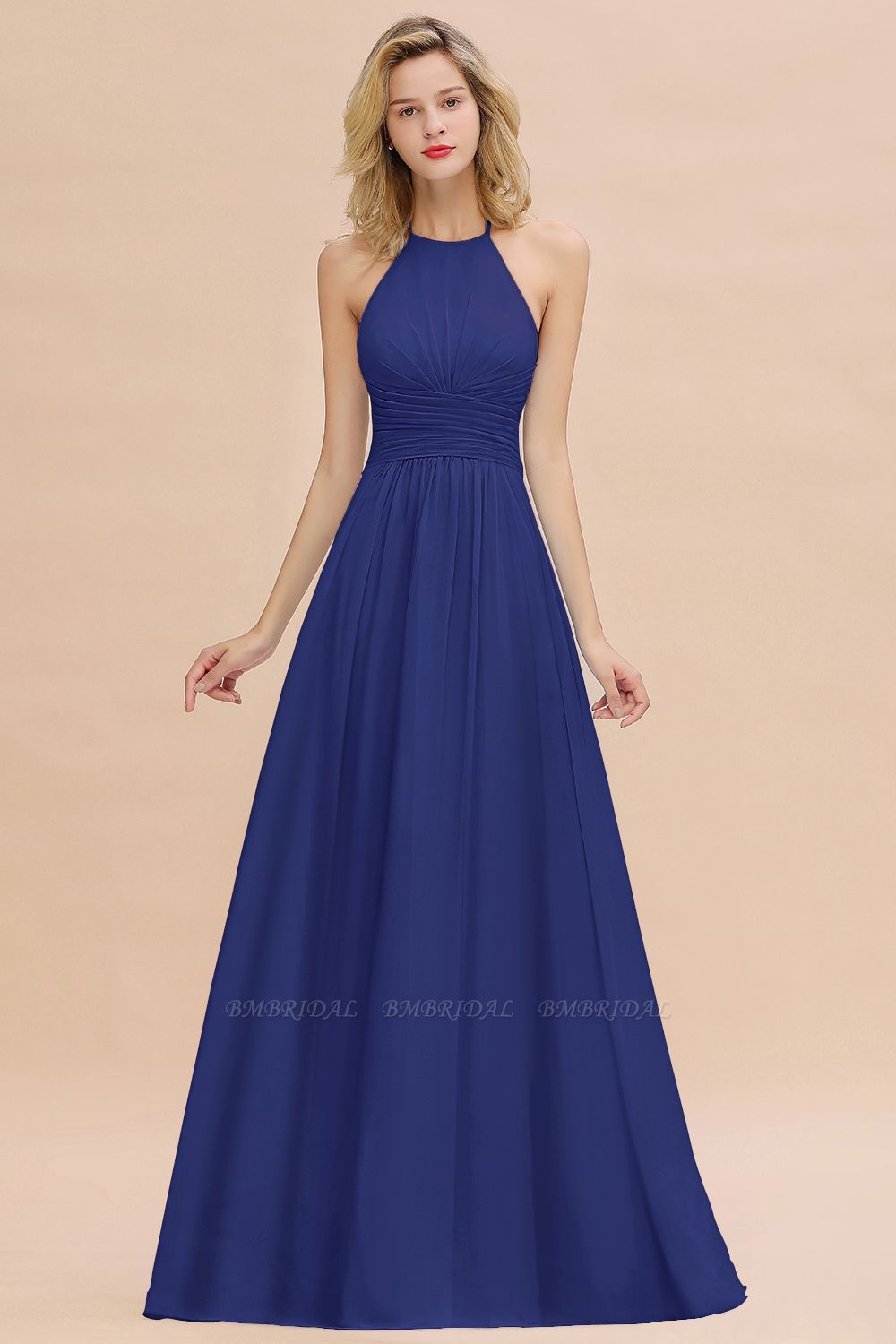 BMbridal Glamorous Halter Backless Long Affordable Bridesmaid Dresses with Ruffle
