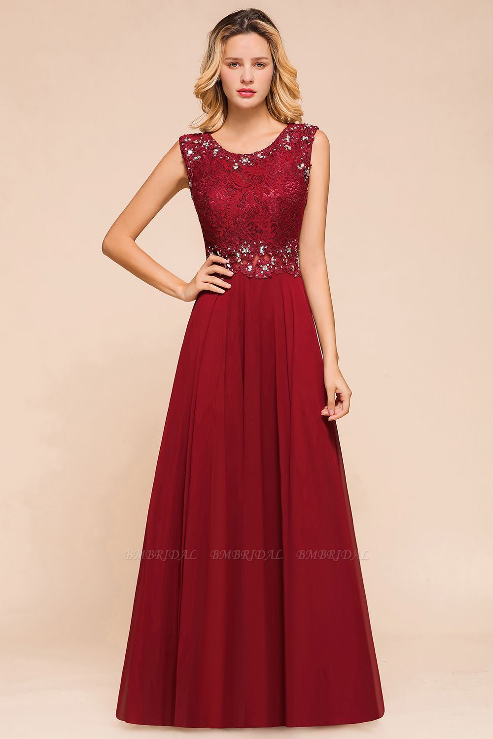 BMbridal Burgundy Lace Long Prom Dresses Sleeveless Chiffon Evening Gowns With Crystal