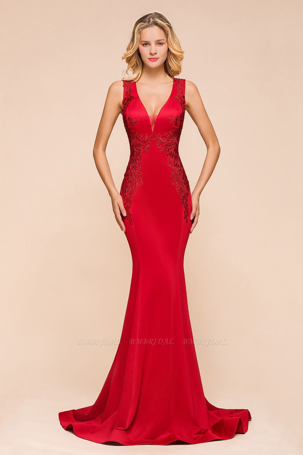 BMbridal Gorgeous Red Mermaid V-Neck Prom Dress Long With Lace Appliques Online