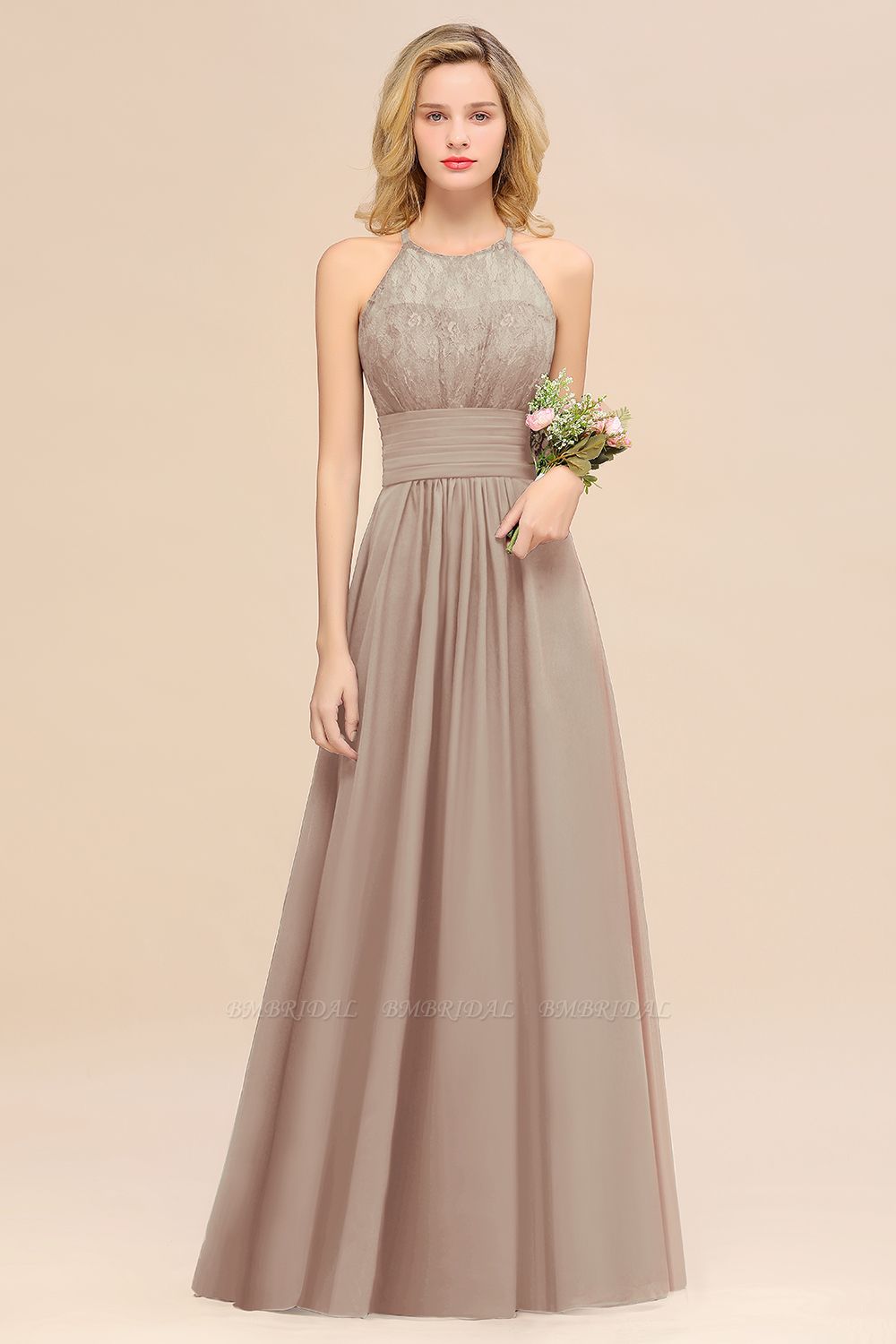 BMbridal Elegant Halter Ruffles Sleeveless Grape Lace Bridesmaid Dresses Affordable