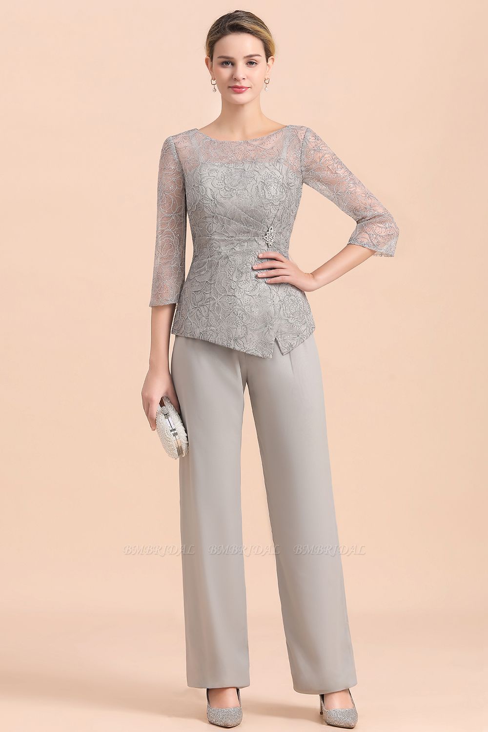 BMbridal Elegant 3/4 Sleeves Lace Chiffon Affordable Mother of Bride Jumpsuit Online