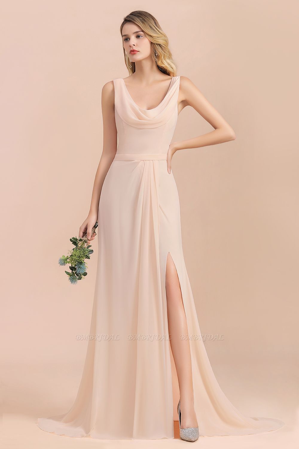 BMbridal Gorgeous Drapped Neckline Ruffle Chiffon Bridesmaid Dresses Online with Slit