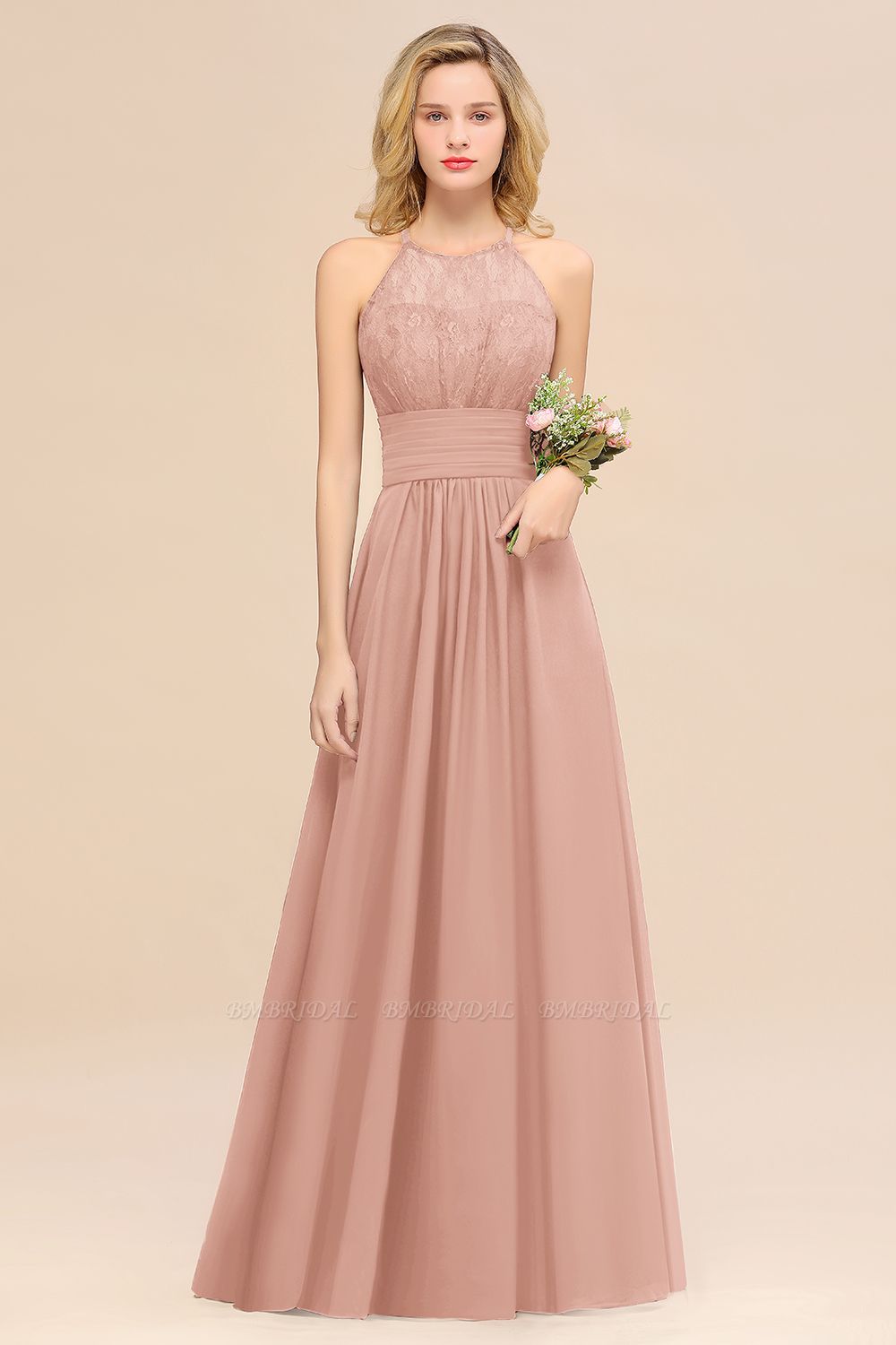 BMbridal Elegant Halter Ruffles Sleeveless Grape Lace Bridesmaid Dresses Affordable