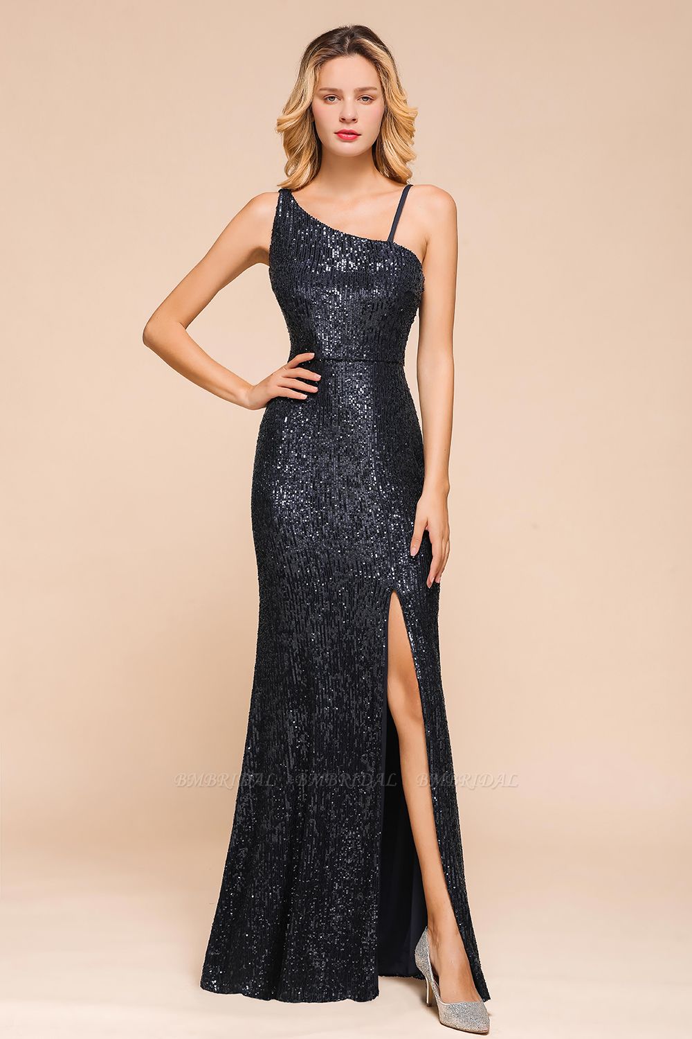 BMbridal Navy One Shoulder Sequins Prom Dress Long Mermaid Evening Gowns With Split