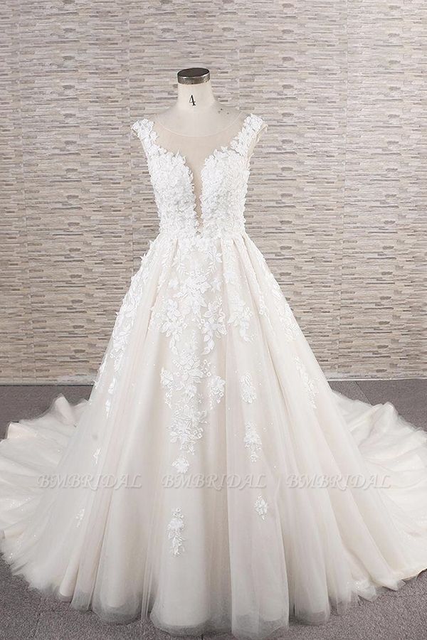 BMbridal Elegant Jewel Straps A-line Wedding Dresses Champgne Tulle Bridal Gowns With Appliques On Sale