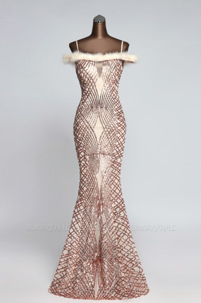 BMbridal Glamorous Sequined Off-the-Shoulder Mermaid Prom Dresses with Fur