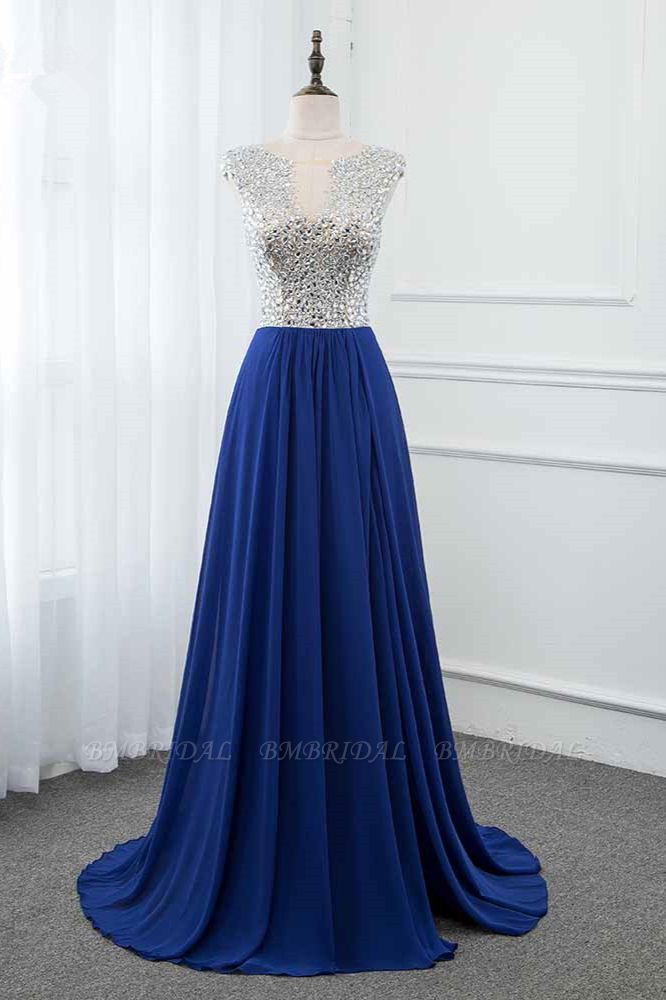 BMbridal Sparkly Chffon V-Neck Front Slit Royal Blue Prom Dresses with Beading Top