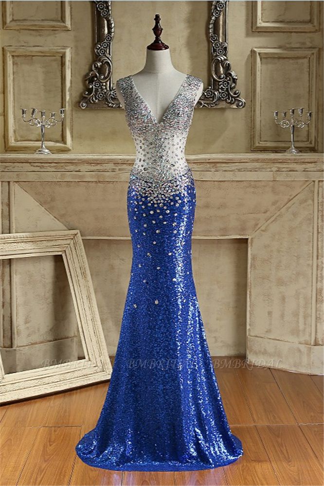 BMbridal Sparkly Sequined V-Neck Royal Blue Prom Dresses with Beadings