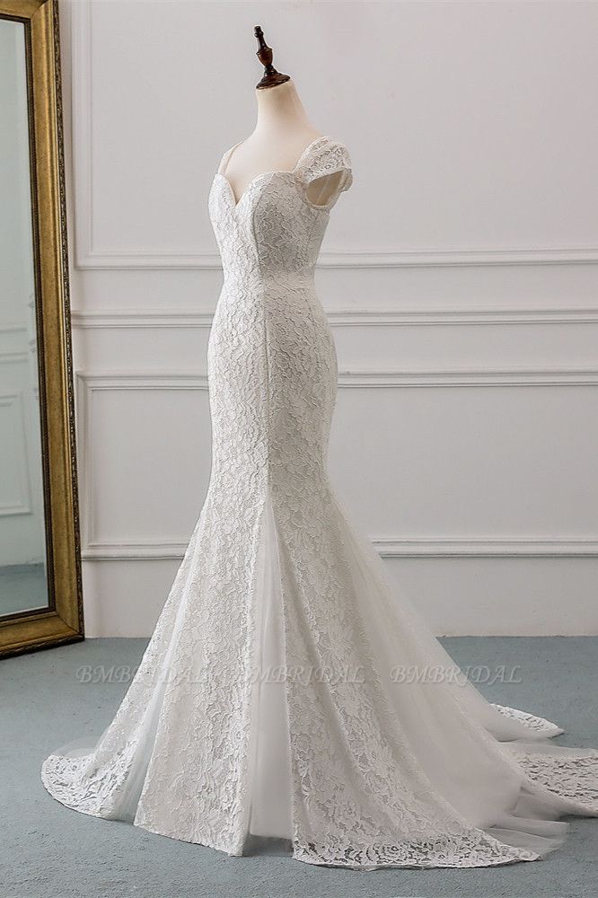 BMbridal Elegant Lace Cap-Sleeves Sweetheart Mermaid Wedding Dresses Online  | BmBridal