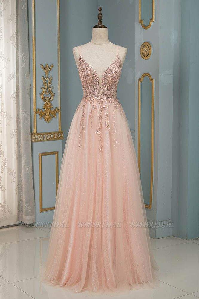 BMbridal Elegant Tulle Spaghetti Strap V-Neck Pink Prom Dress with Beading Appliques