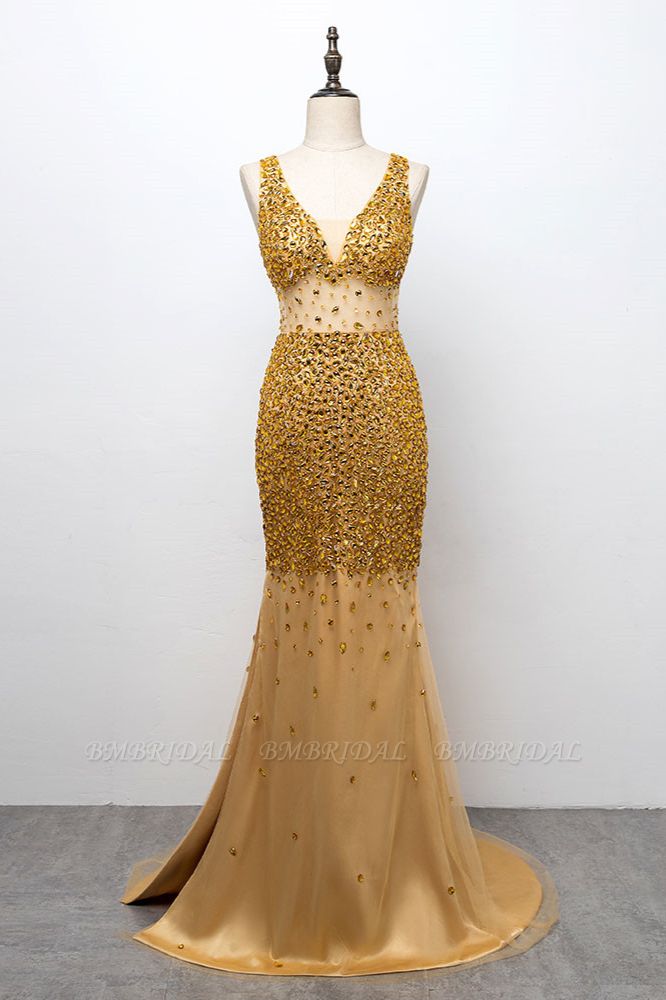BMbridal Glamorous Straps V-Ausschnitt Gold Meerjungfrau Ballkleider mit Perlen online