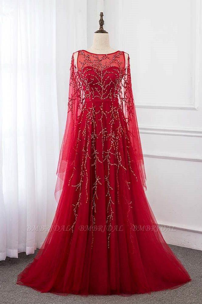 BMbridal Gorgeous Tulle Jewel Ruffle Burgundy Prom Dresses with Beadings Online