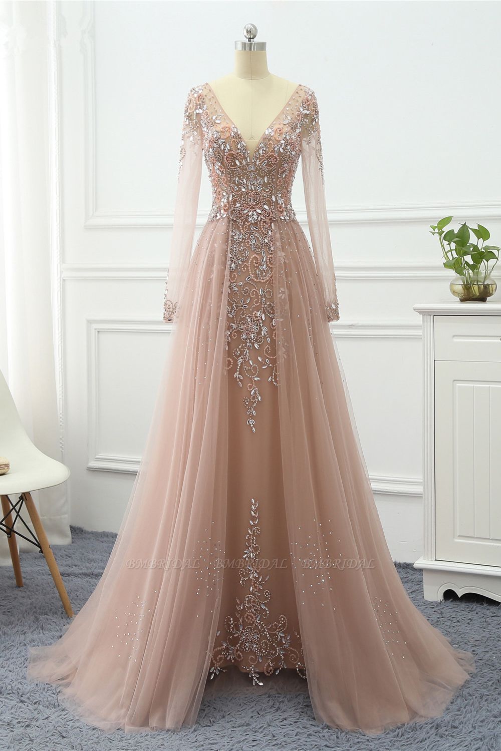 BMbridal Elegant V-Neck Long Sleeves Appliques Beadings Prom Dresses ...