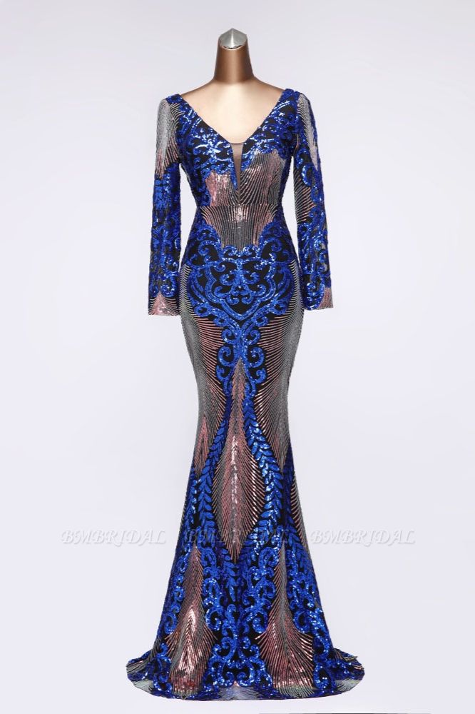BMbridal Sparkly Sequined V-Neck Mermaid Long Prom Dresses with Long Sleeves Online