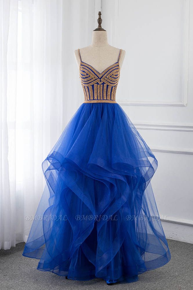 BMbridal Elegant Spaghetti Straps V-Neck Sleeveless Prom Dresses with Rhinestone Ruffles