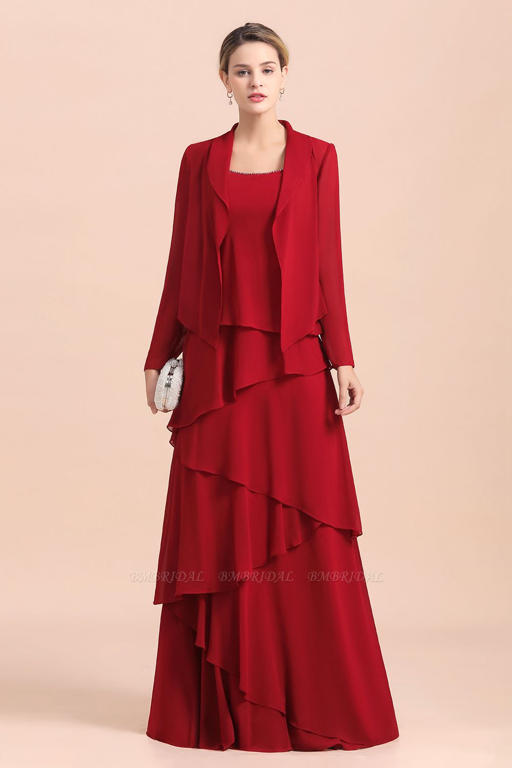 BMbridal Elegantes Burgunder-Chiffon-Kleid für die Brautmutter mit Rüschen und Jacke