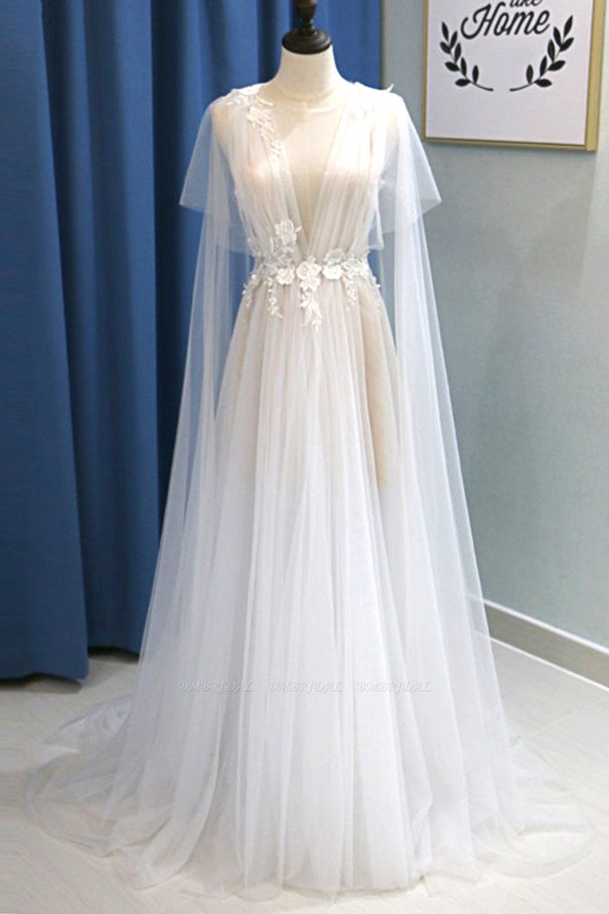 BMbridal Glamorous White Tulle V-Neck Beach Wedding Dress A Line Flower Bridal Gowns On Sale