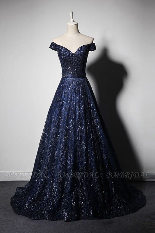 BMbridal Glamorous Off-the-Shoulder Dark Navy Prom Dresses Sweetheart Sleeveless Sequins Formal Dresses Online