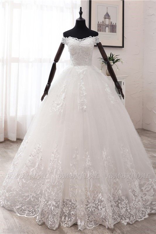 BMbridal Ball Gown Off-the-Shoulder Lace Appliques Wedding Dresses White Tulle Sleeveless Bridal Gowns