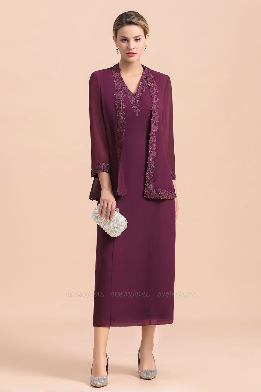BMbridal Elegant V-Neck SLeeveless Apppliques Grape Mother of Bride Dress with Wraps
