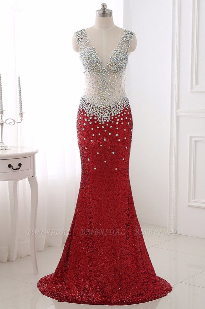 BMbridal Sparkly Sequined V-Neck Burgundy Mermaid Prom Dresses with Rhinestone Top