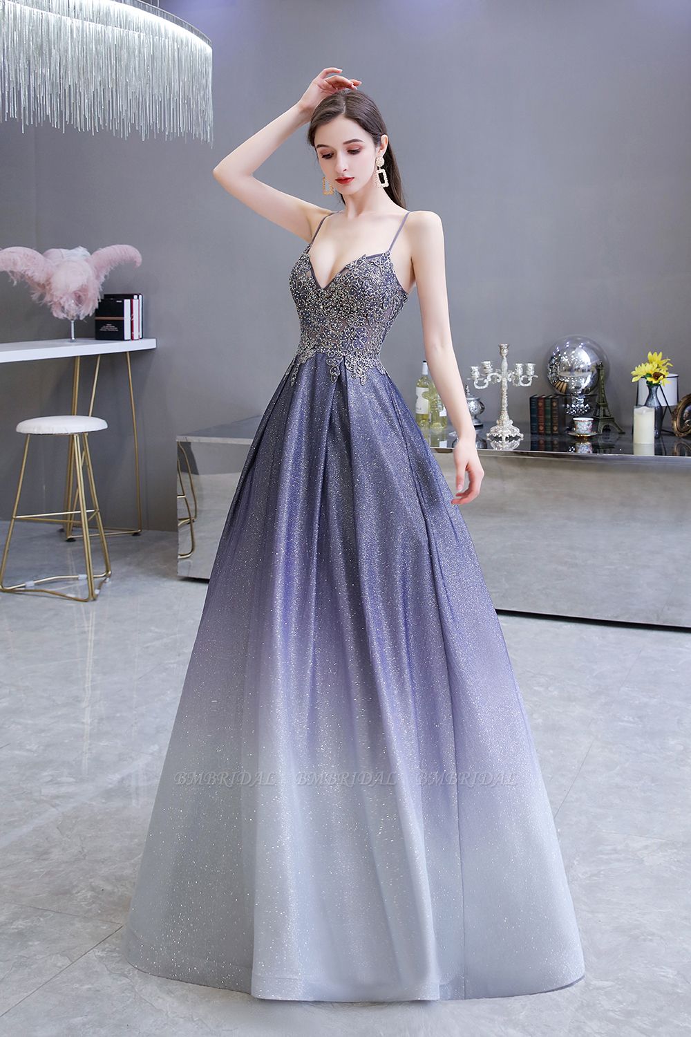 BMbridal Elegant Spaghetti Straps Ombre Prom Dress Long With Appliques Beads