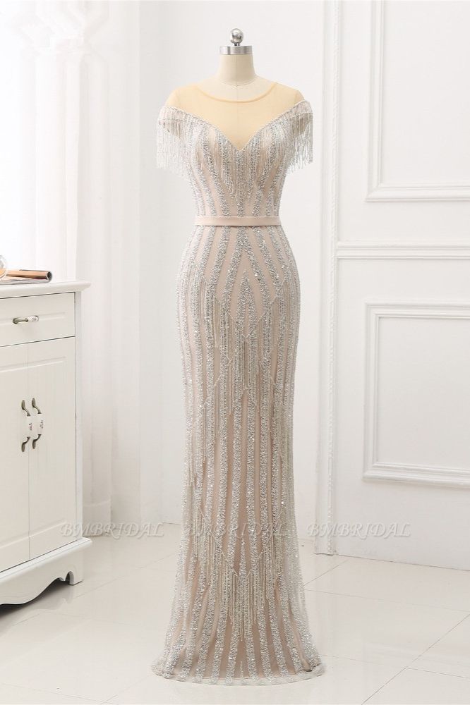 BMbridal Elegant Jewel Sleeves Silver Mermaid Prom Dresses with Rhinestone