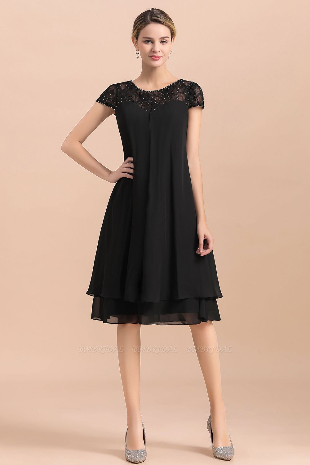 BMbridal Chic Black Cap Sleeve Mother of Bride Dress Chiffon Short Wedding Party Gowns