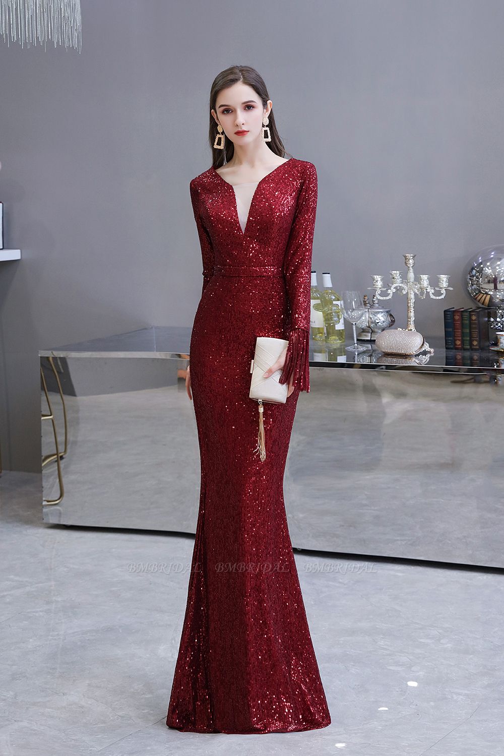 BMbridal Gorgeous Sequins Long Sleeve Prom Dress V-Neck Mermaid Evening Gowns
