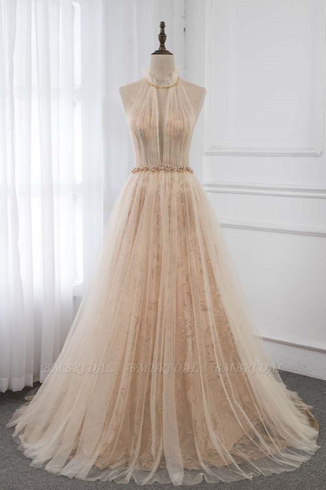 BMbridal Elegant Tulle Jewel Appliques Ruffle Prom Dresses with Beadings Sash