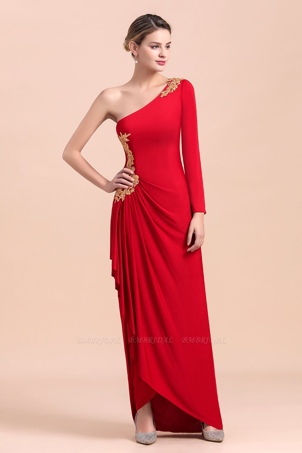 BMbridal Chic One-Shoulder Long Sleeves Ruffle Mother of Bride Dresses with Appliques
