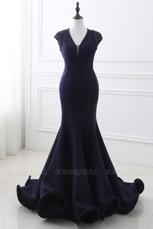 BMbridal Stylish V-Neck Mermaid Black Prom Dresses Sleeveless Beadings Open Back Party Dresses On Sale