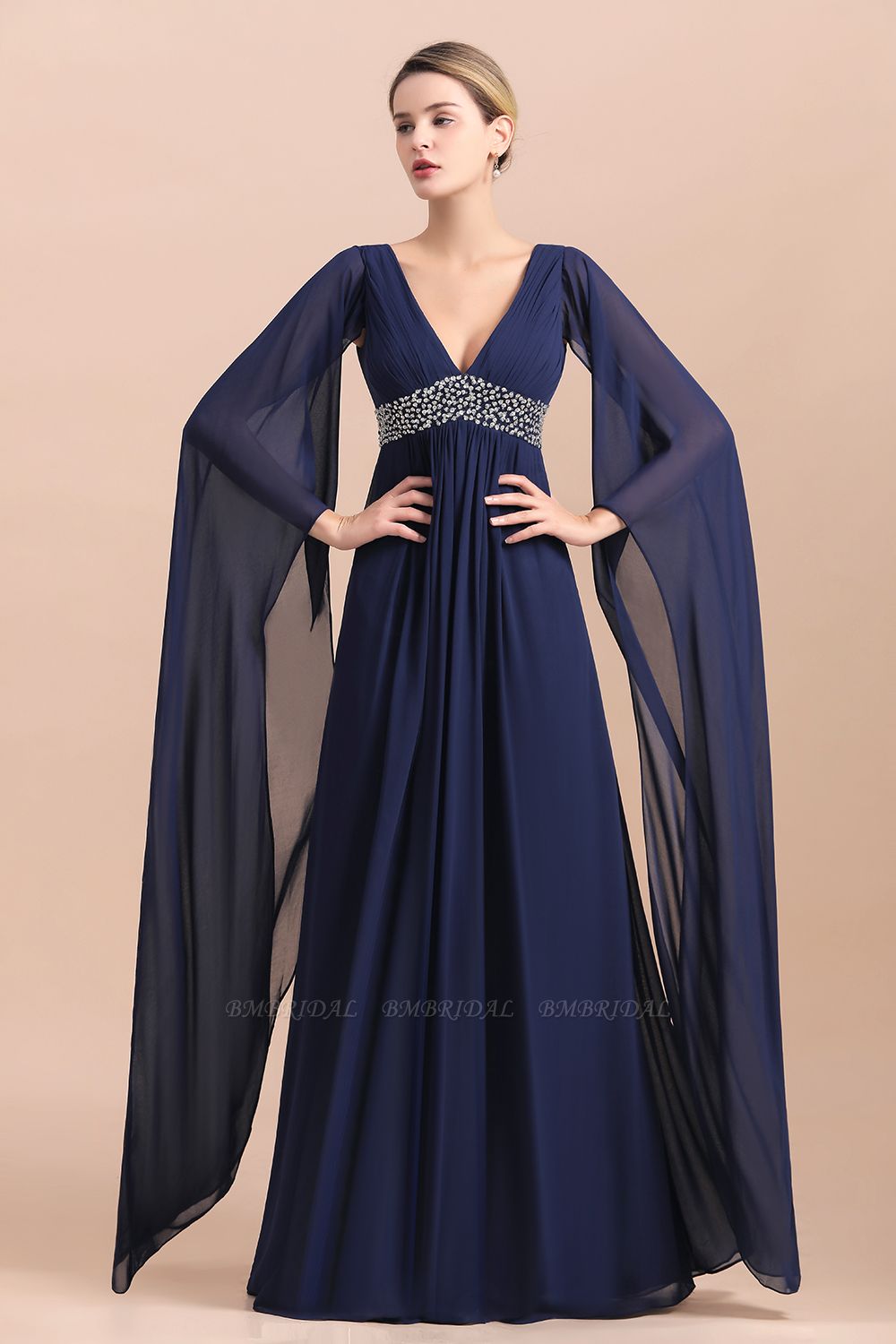 BMbridal Navy Long Sleeve Chiffon Mother Of the Bride Dress With Ruffles Online