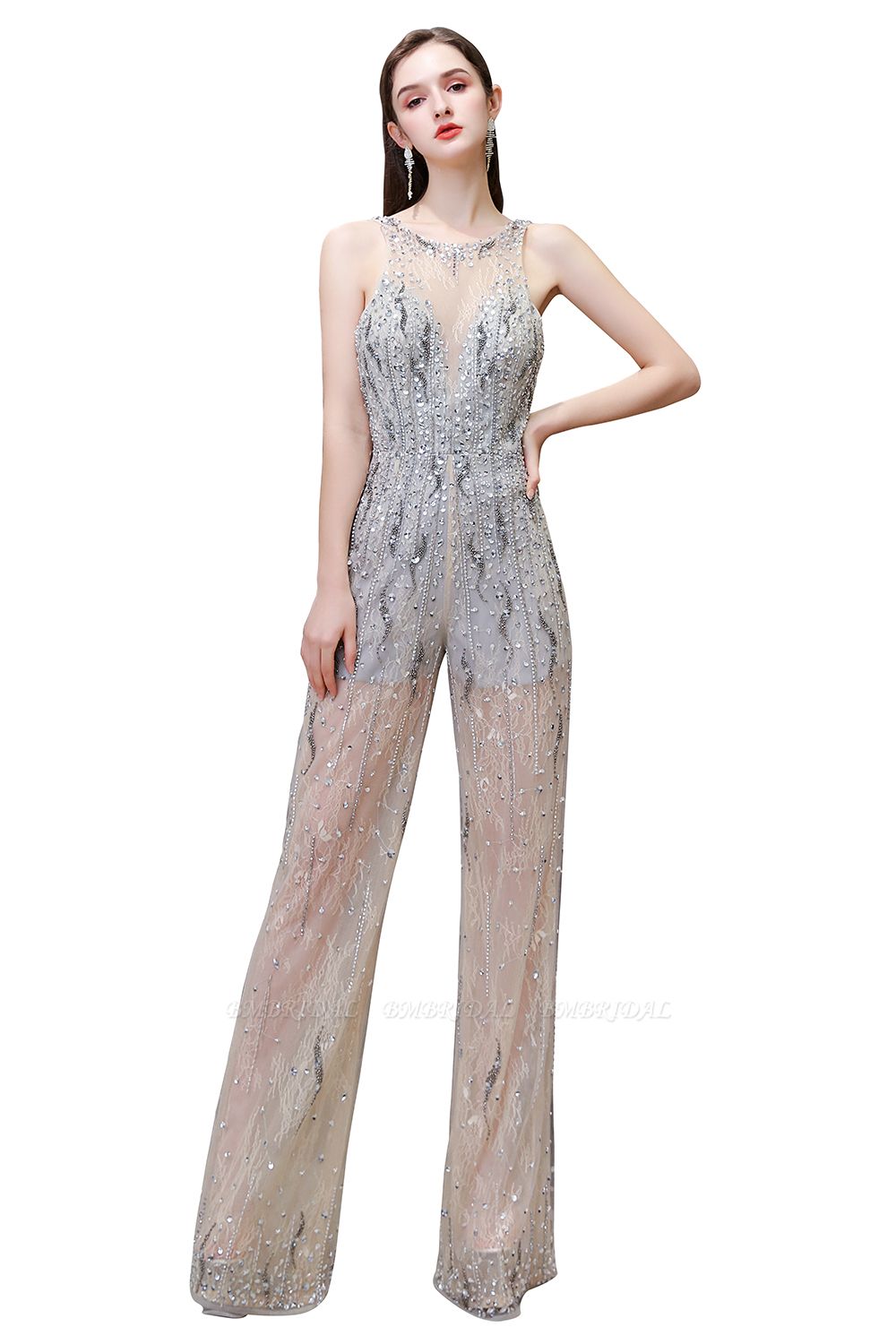 BMbridal Glamorous Jewel Sleeveless Tulle Evening Jumpsuit with Sequins