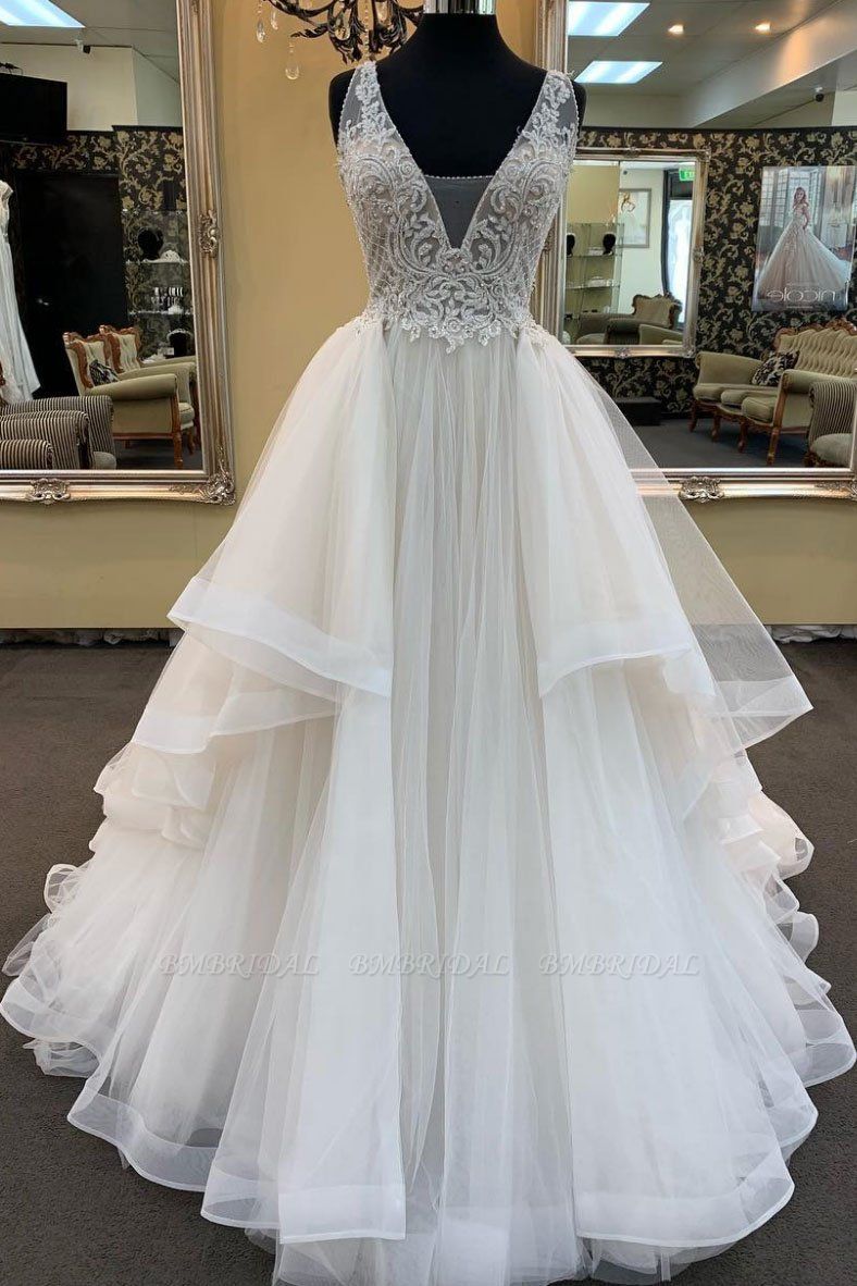 BMbridal Glamorous White Tulle Lace Ruffles White Wedding Dress Sleeveless Appliques Bridal Gowns On Sale