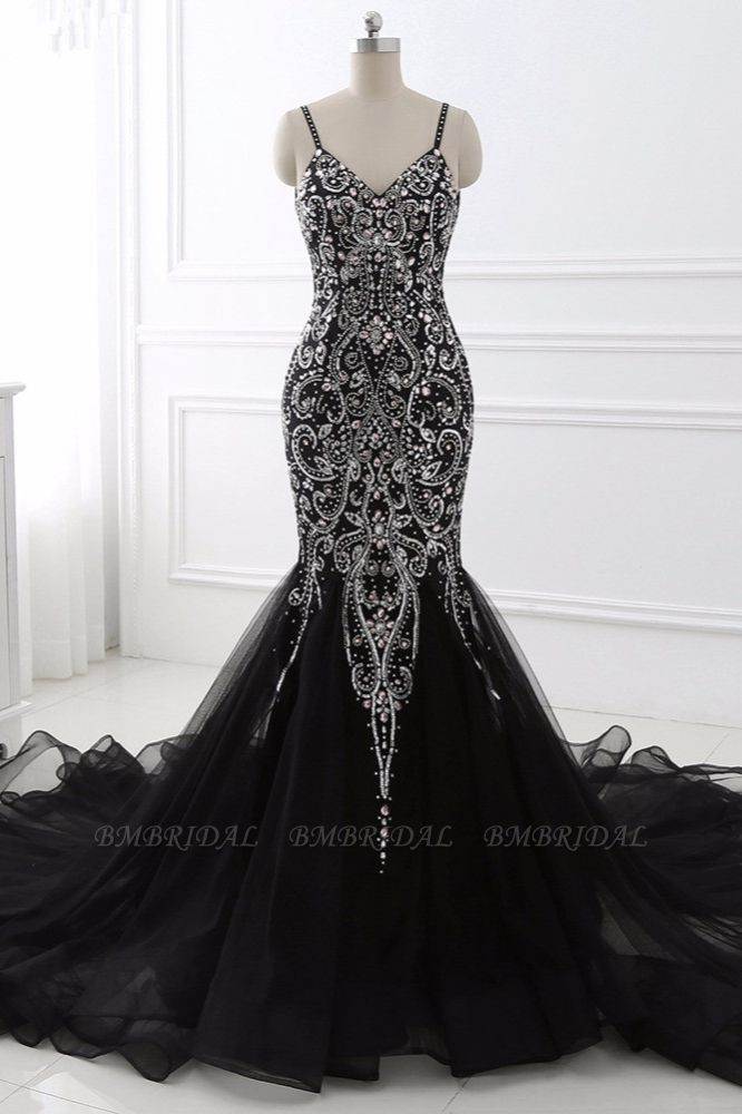 BMbridal Gorgeous Spaghetti Straps Black Mermaid Prom Dresses with Rhinestones Online